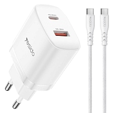 СЗУ (Сетевое зарядное устройство) YESIDO YC106 с кабелем USB Type C на USB Type C, 20W, 1 USB A, 1 USB Type C, PD, QC, длина 1 метр, цвет белый