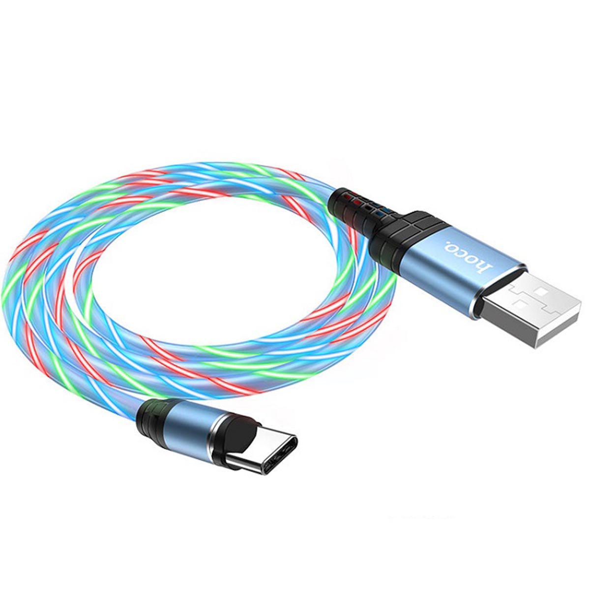 Магнитный зарядный кабель HOCO U90 USB Type C, LED подсветка, 2A, длина 1 метр, цвет синий