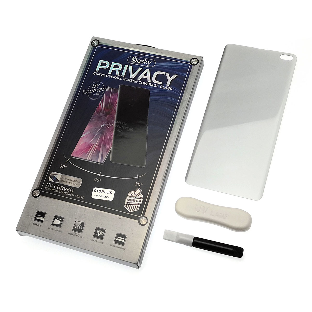 Защитное стекло YESKY PRIVACY для SAMSUNG Galaxy S10 Plus (SM-G975), c УФ-лампой и жидкостью, прозрачное тонированное.