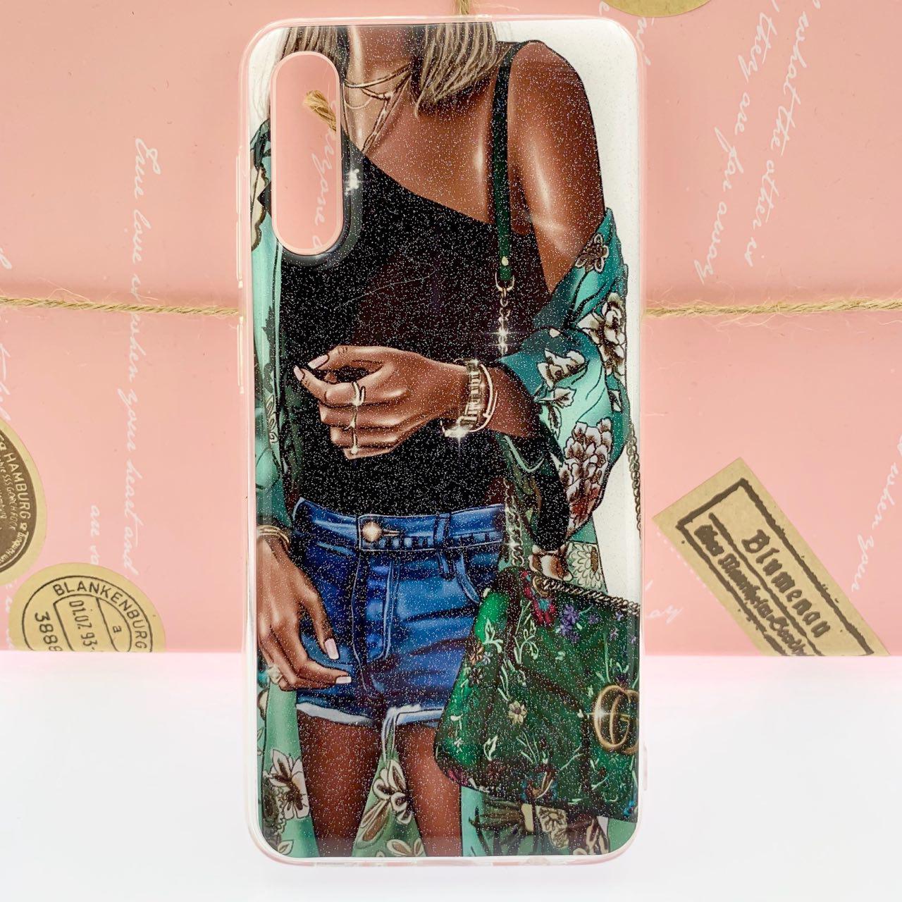 Чехол накладка для SAMSUNG Galaxy A50 (SM-A505), A30s (SM-A307), A50s (SM-A507), силикон, глянец, рисунок Девушка с зелёной сумкой.