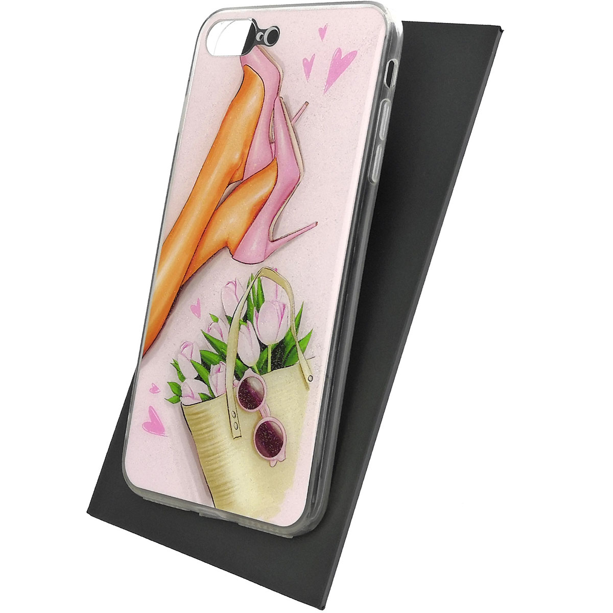 Чехол накладка для APPLE iPhone 7 Plus, iPhone 8 Plus, силикон, блестки, глянцевый, рисунок Туфли сумка очки