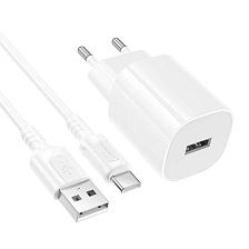 СЗУ (Сетевое зарядное устройство) BOROFONE BA101A Pudding с кабелем USB Type C, 10.5W, 1 USB A, длина 1 метр, цвет белый СЗУ (Сетевое зарядное устройство) BOROFONE BA101A Pudding с кабелем USB Type C, 10.5W, 1 USB A, длина 1 метр, цвет белый
