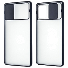 Чехол накладка для SAMSUNG Galaxy A71 (SM-A715), силикон, пластик, матовый, со шторкой для защиты задней камеры, цвет окантовки темно синий