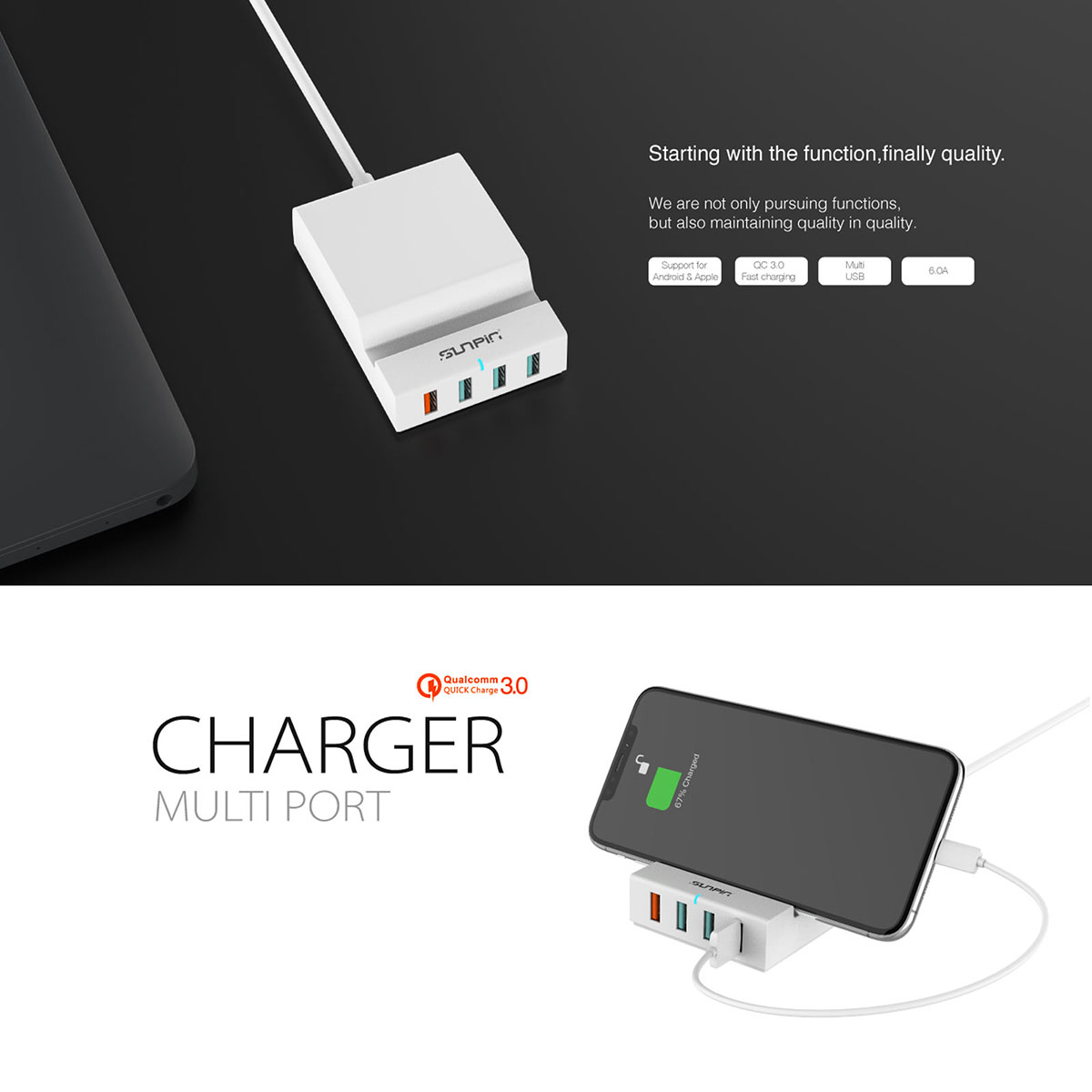 СЗУ (сетевое зарядное устройство) / подставка для смартфона SunPin SP988 на 4 USB порта (3 мультипорта 5V-2.4A + 1 порт QC 3.0), цвет белый | ВСЁ ПО 300