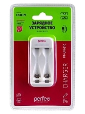 Зарядное устройство PF-UN-210 на 2 слота для аккумуляторов тип Ni-MH/CD типаразмеров AAA и AA, питание DC 5V/500mA от кабеля Type-C, с индикацией заряда, цвет белый