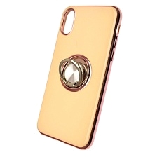 Чехол накладка для APPLE iPhone X, XS, силикон, глянец, с логотипом, кольцо держатель, цвет молочный.