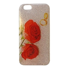 Чехол накладка для APPLE iPhone 6, 6G, 6S, силикон, блестки, рисунок Розы и кольца.