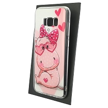 Чехол накладка для SAMSUNG Galaxy S8 Plus (SM-G955), силикон, глянцевый, блестки, рисунок Розовый бегемот в очках
