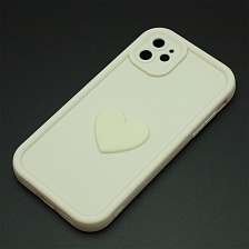 Чехол накладка для APPLE iPhone 11, силикон, 3D сердце, защита камеры, бортики, цвет молочный