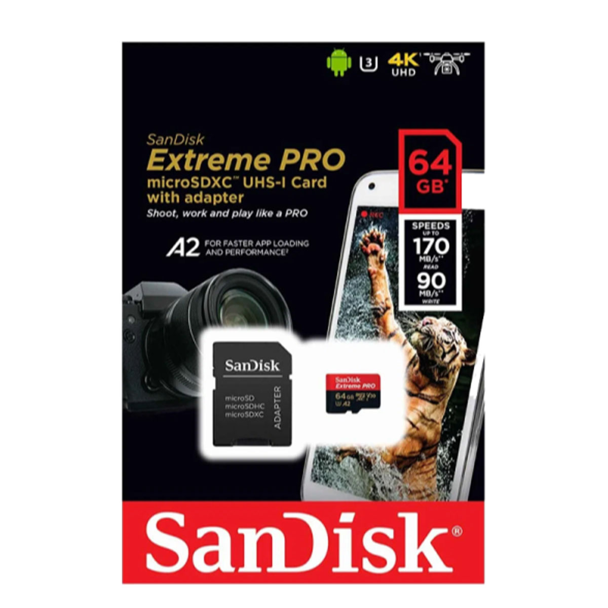 Карта памяти MicoSDXC 64GB SANDISK Extreme Pro Class 10 A2 UHS-I (U3), 200 МБ/сек, цвет черно красный