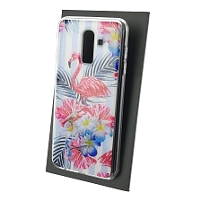 Чехол накладка для SAMSUNG Galaxy J8 2018 (SM-J810), силикон, блестки, глянцевый, рисунок Фламинго цветы