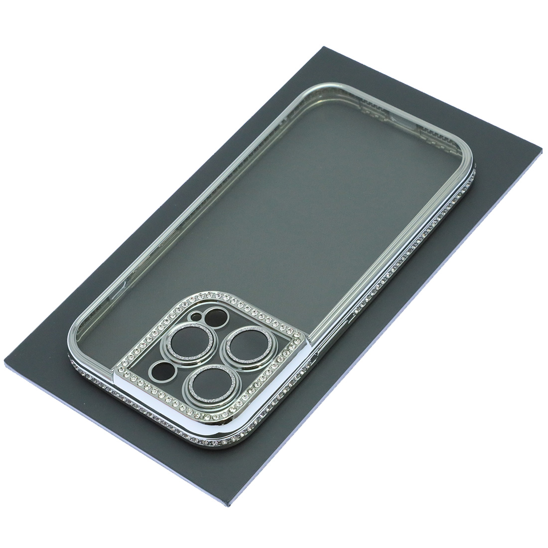 Чехол накладка для APPLE iPhone 14 Pro, силикон, стразы, защита камеры, цвет окантовки серебристый Чехол накладка для APPLE iPhone 14 Pro, силикон, стразы, защита камеры, цвет окантовки серебристый