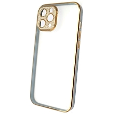 Чехол накладка для APPLE iPhone 12 Pro MAX (6.7"), силикон, пластик, стразы, защита камеры, цвет окантовки золотисто голубой