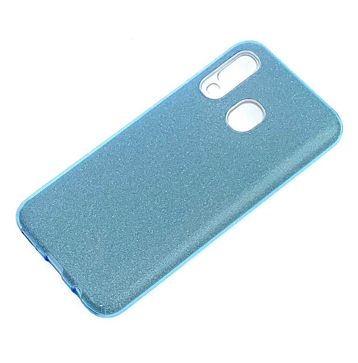 Чехол накладка Shine для SAMSUNG Galaxy A70 (SM-A705), A70s (SM-A707), силикон, блестки, цвет голубой.