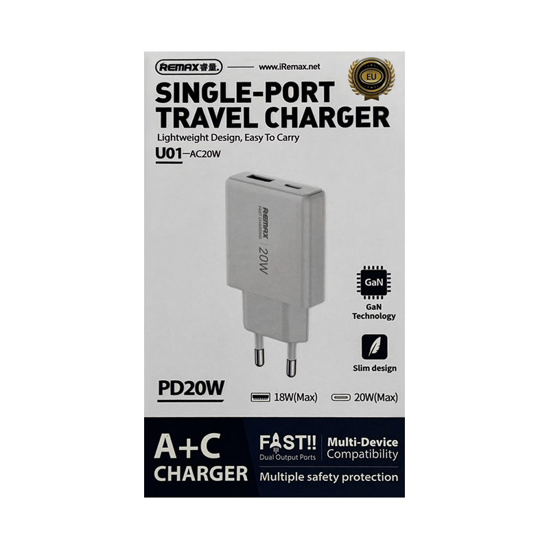 СЗУ (Сетевое зарядное устройство) REMAX GaN U01-AC20W, 20W, 1 USB Type C, 1 USB, цвет белый