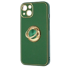 Чехол накладка для APPLE iPhone 13 (6.1"), силикон, пластик, экокожа, металл, кольцо держатель, защита камеры, цвет темно зеленый