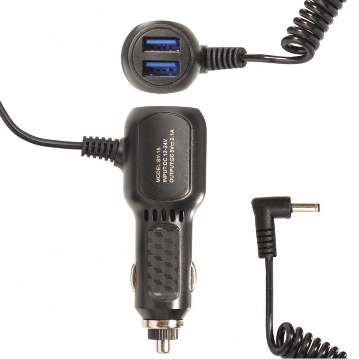 АЗУ (Автомобильное зарядное устройство) SY-15, 2 USB - 5V/2.1A, с витым кабелем, штекер 3.5x1.35, цвет черный