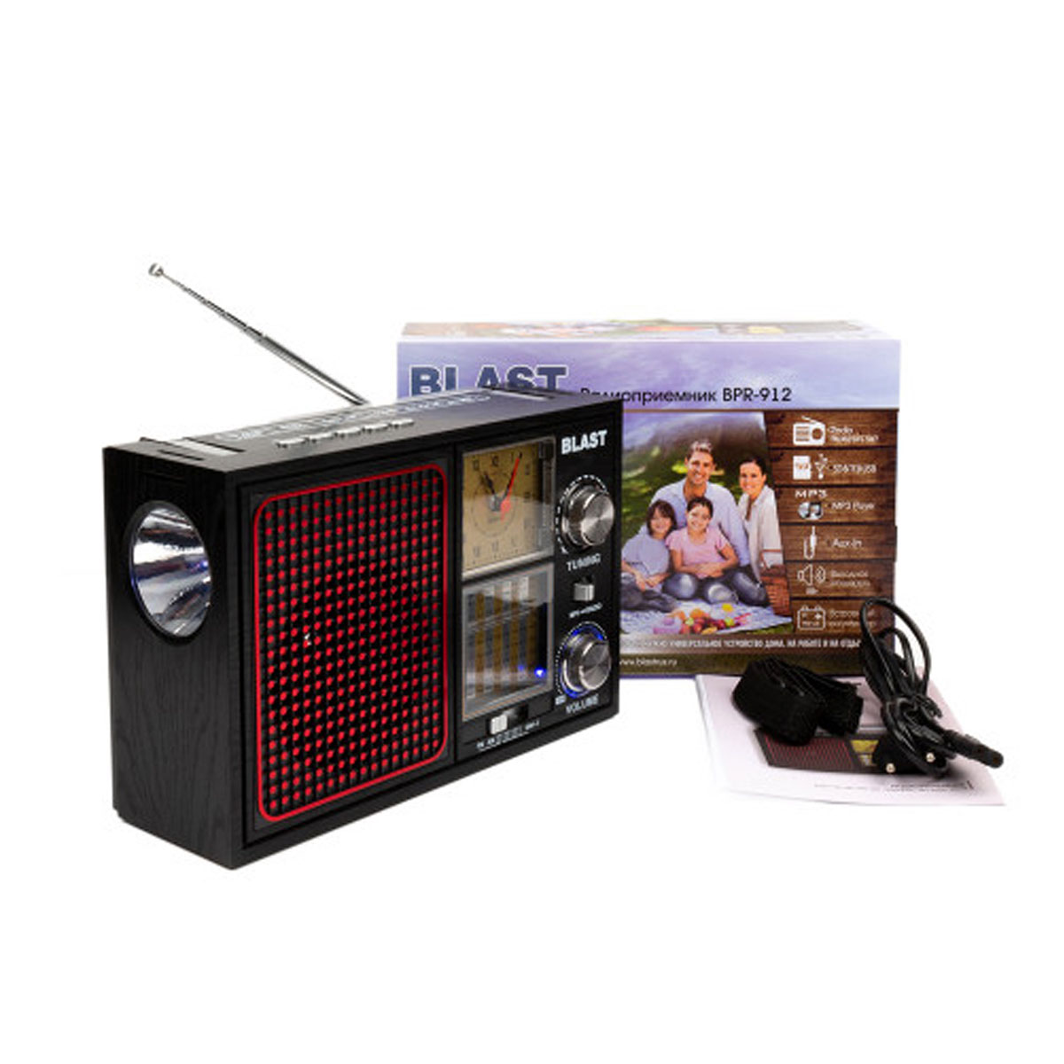 Радиоприемник BLAST BPR-912 Radio FM, AM, SW1-SW7  / SD & TF & USB MP3 Player / AUX IN / Clock / Flashlight.