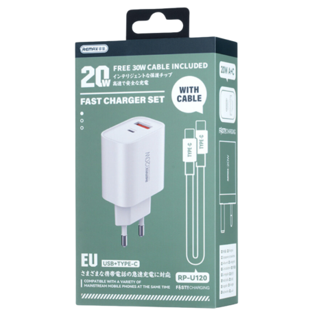 СЗУ (Сетевое зарядное устройство) REMAX RP-U120 20W, 1 USB, 1 USB-C (Type C), с кабелем 30W Type-C на Type-C, длина 1 метр, цвет белый