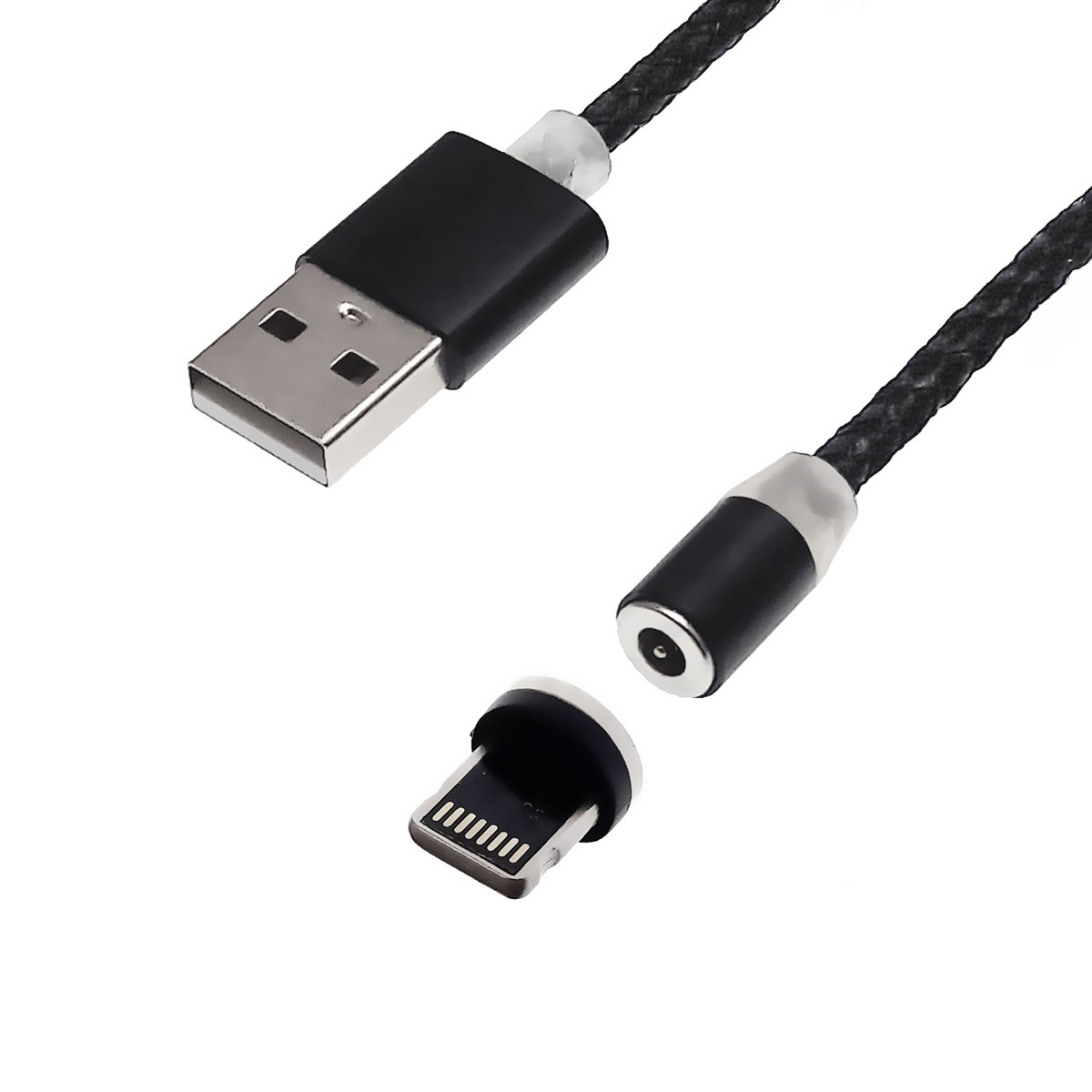 Кабель зарядный магнитный GFUZ GF-49 USB APPLE Lightning 8-pin, тканевая оплетка, 3A, длина 1 метр, с подсветкой, цвет черный.