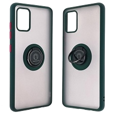 Чехол накладка для SAMSUNG Galaxy A51 (SM-A515), силикон, пластик, кольцо держатель, цвет окантовки темно зеленый