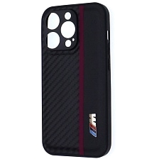 Чехол накладка для APPLE iPhone 14 Pro, силикон, карбон, экокожа, защита камеры, знак BMW M серии, цвет черный с бордовой полоской