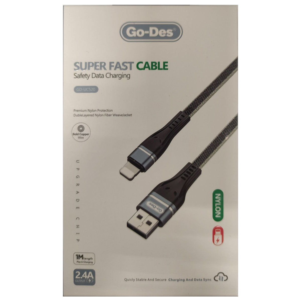 Кабель GO-DES GD-UC520 Lightning 8 pin, 2.4A, длина 1 метр, цвет черно бежевый