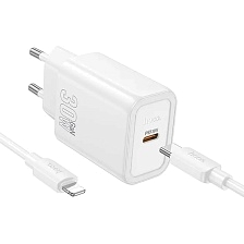 СЗУ (Сетевое зарядное устройство) HOCO N62 Gentle Single Port Type-C PD30W, с кабелем Type-C на Lightning 8-pin, цвет белый