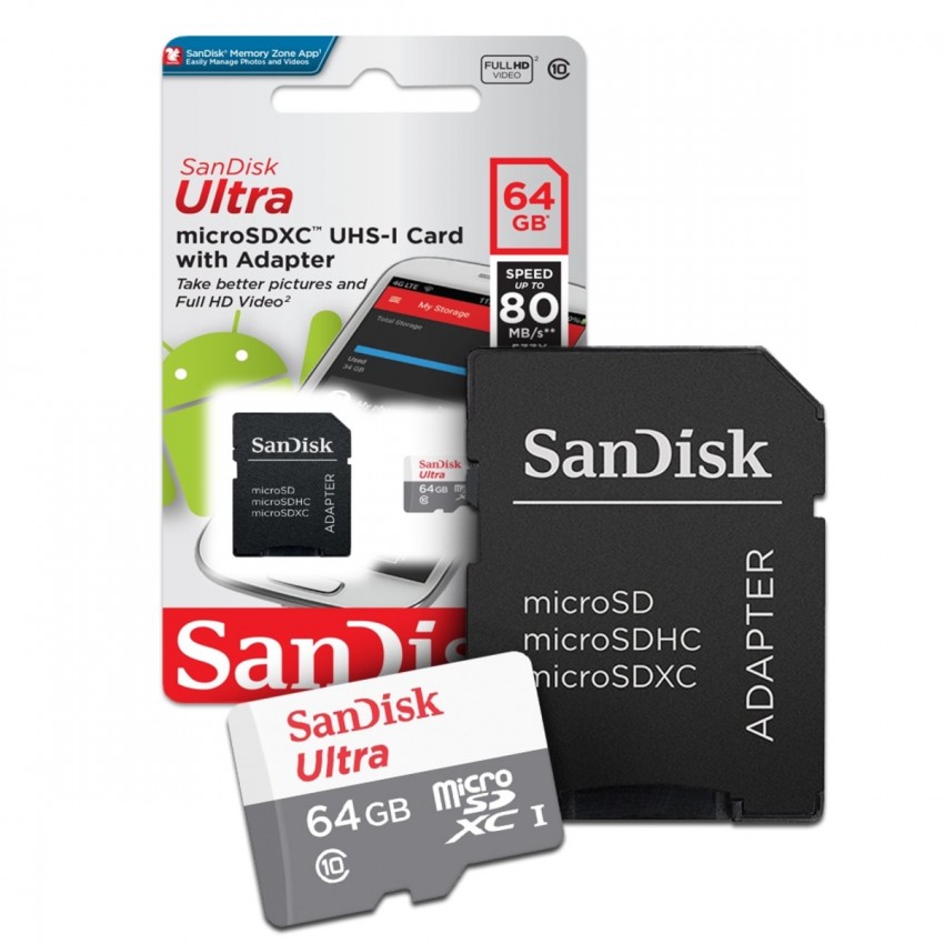 Карта памяти MicroSD 64GB SANDISK Class 10 Ultra Android (80 Mb/s) + SD адаптер