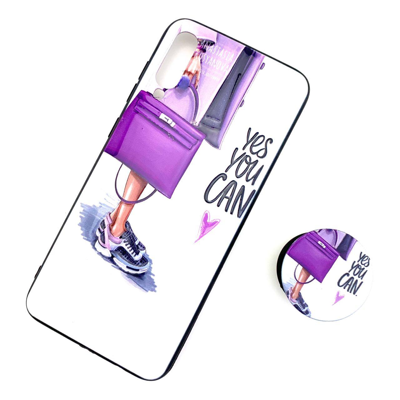 Чехол накладка для SAMSUNG Galaxy A70 (SM-A705), силикон, с поп сокетом, рисунок Девушка с фиолетовой сумкой.