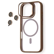 Чехол накладка BRACKET с поддержкой MagSafe для APPLE iPhone 16 Pro, защитные стекла камер, подставка, прозрачный, цвет окантовки коричневый