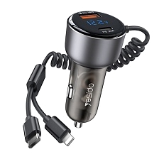 АЗУ (Автомобильное зарядное устройство) YESIDO Y58 со встроенными кабелями USB Type C, Lightning 8 pin, 60W, 1 USB A, 1 USB Type C, PD30W, QC3.0 18W, LED дисплей, цвет серебристый