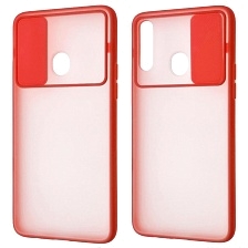Чехол накладка для SAMSUNG Galaxy A20s (SM-A207), силикон, пластик, матовый, со шторкой для защиты задней камеры, цвет окантовки красный