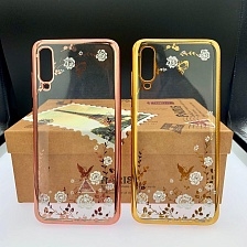 Чехол-накладка для SAMSUNG Galaxy A70 2019 (SM-A705) силиконовая, принт бабочки и цветы со стразами, цвет золотистый.