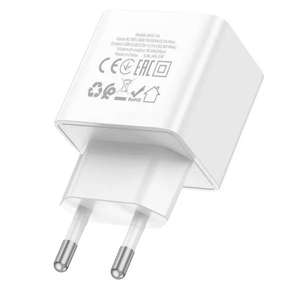 СЗУ (Сетевое зарядное устройство) BOROFONE BAS11A, 10.5W, 2.1 A, 1 USB, цвет белый