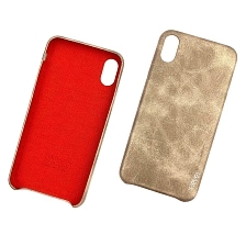 Чехол накладка для APPLE iPhone XS MAX, силикон, имитация кожи, цвет золотистый.
