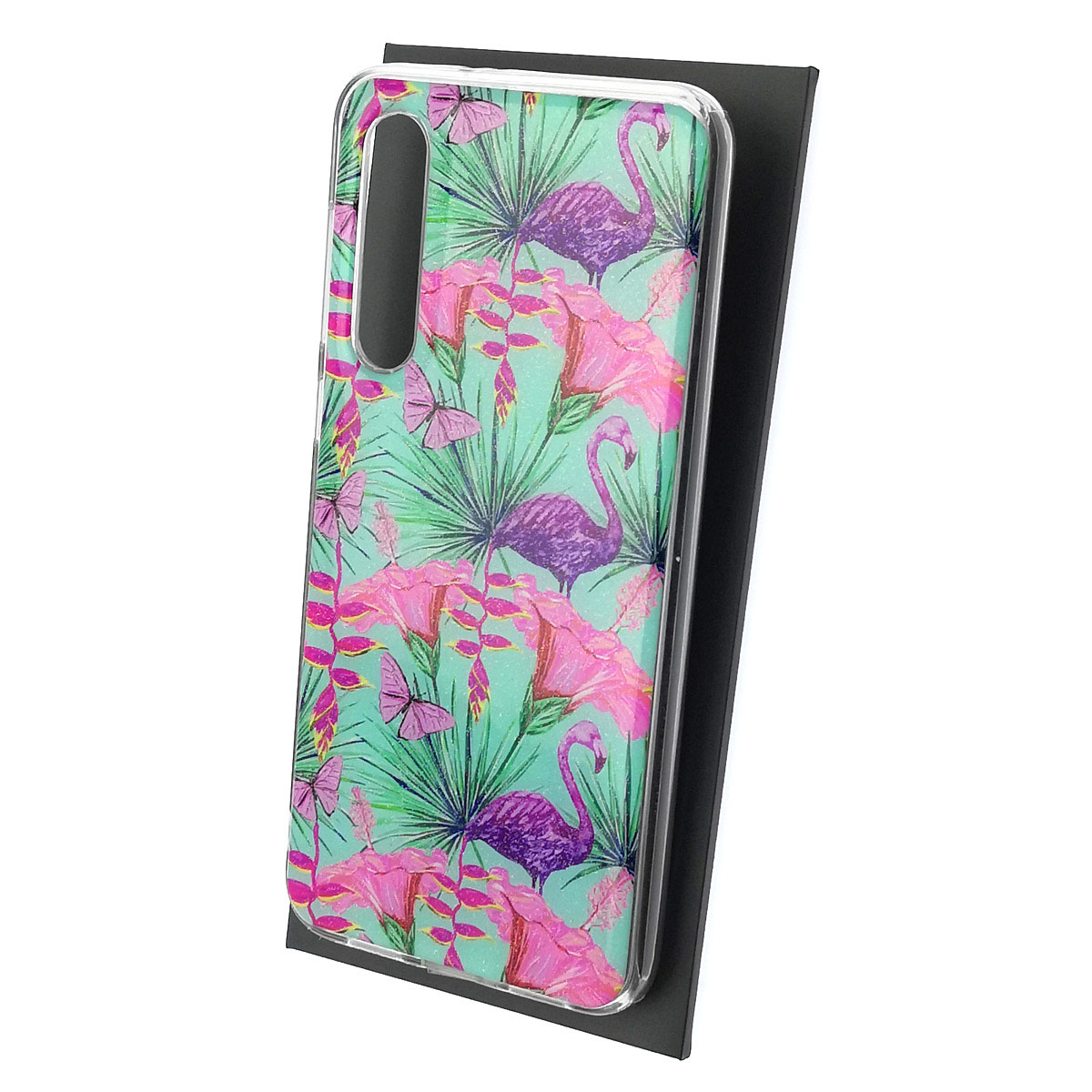 Чехол накладка для XIAOMI Mi 9 SE, силикон, глянцевый, блестки, рисунок Фламинго цветы