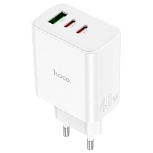 СЗУ (Сетевое зарядное устройство) HOCO C126A Pure, 2 USB Type C, 1 USB A, PD40W, QC3.0, цвет белый СЗУ (Сетевое зарядное устройство) HOCO C126A Pure, 2 USB Type C, 1 USB A, PD40W, QC3.0, цвет белый