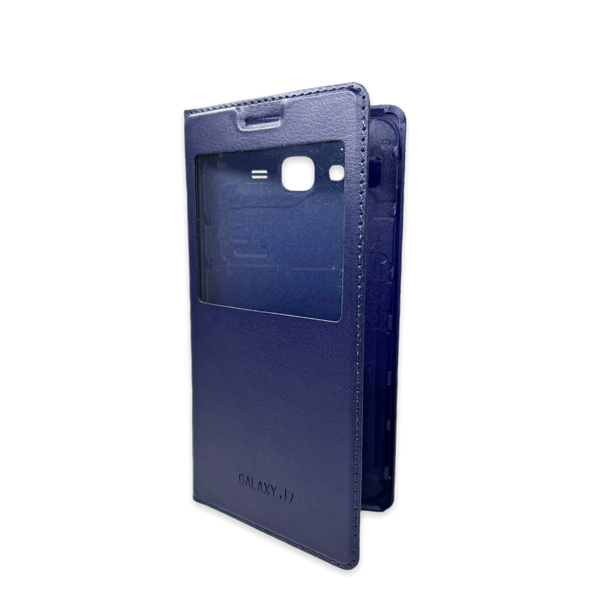 Чехол книжка для SAMSUNG Galaxy J7 (SM-J700), с окошком, экокожа, цвет темно синий