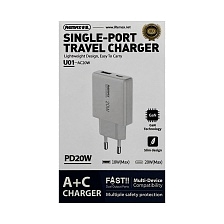 СЗУ (Сетевое зарядное устройство) REMAX GaN U01-AC20W, 20W, 1 USB Type C, 1 USB, цвет белый