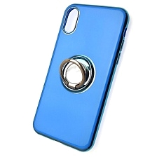 Чехол накладка для APPLE iPhone X, XS, силикон, глянец, с логотипом, кольцо держатель, цвет синий.