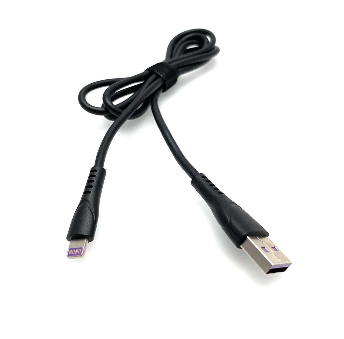 USB Дата-кабель "R18" APPLE Lightning 8-pin силиконовый эластичный, морозоустойчивый, 1 метр черного цвета, фиолетовые контакты.
