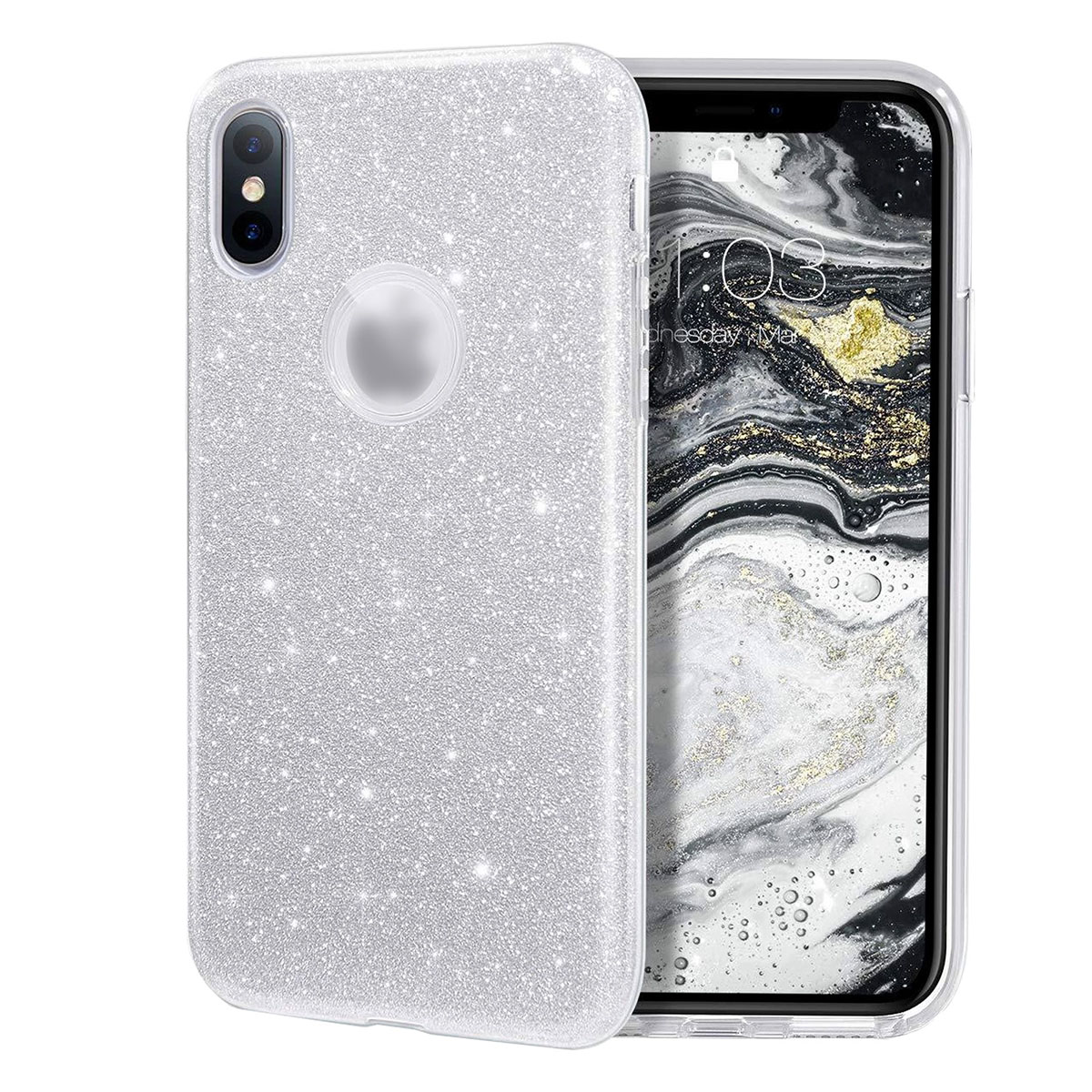 Чехол накладка Shine для APPLE iPhone X, iPhone XS, силикон, блестки, цвет серебристый