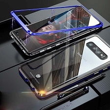 Чехол магнитный для SAMSUNG Galaxy S10 PLUS (SM-G975), закаленное стекло, металл, цвет черно прозрачный.
