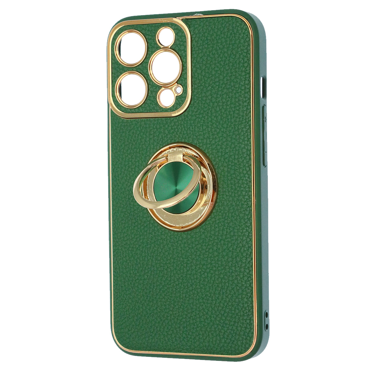 Чехол накладка для APPLE iPhone 13 Pro (6.1"), силикон, пластик, экокожа, металл, кольцо держатель, защита камеры, цвет темно зеленый