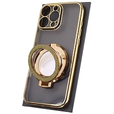 Чехол накладка для APPLE iPhone 16 Pro Max, силикон, защита камеры, кольцо держатель, прозрачный, цвет окантовки золотистый