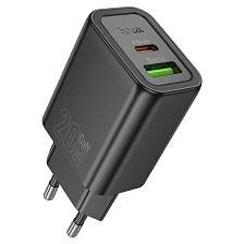 СЗУ (Сетевое зарядное устройство) HOCO N61, 20W, 1 USB Type C, 1 USB, QC3.0, цвет черный