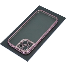 Чехол накладка для APPLE iPhone 14, силикон, стразы, защита камеры, цвет окантовки розовое золото