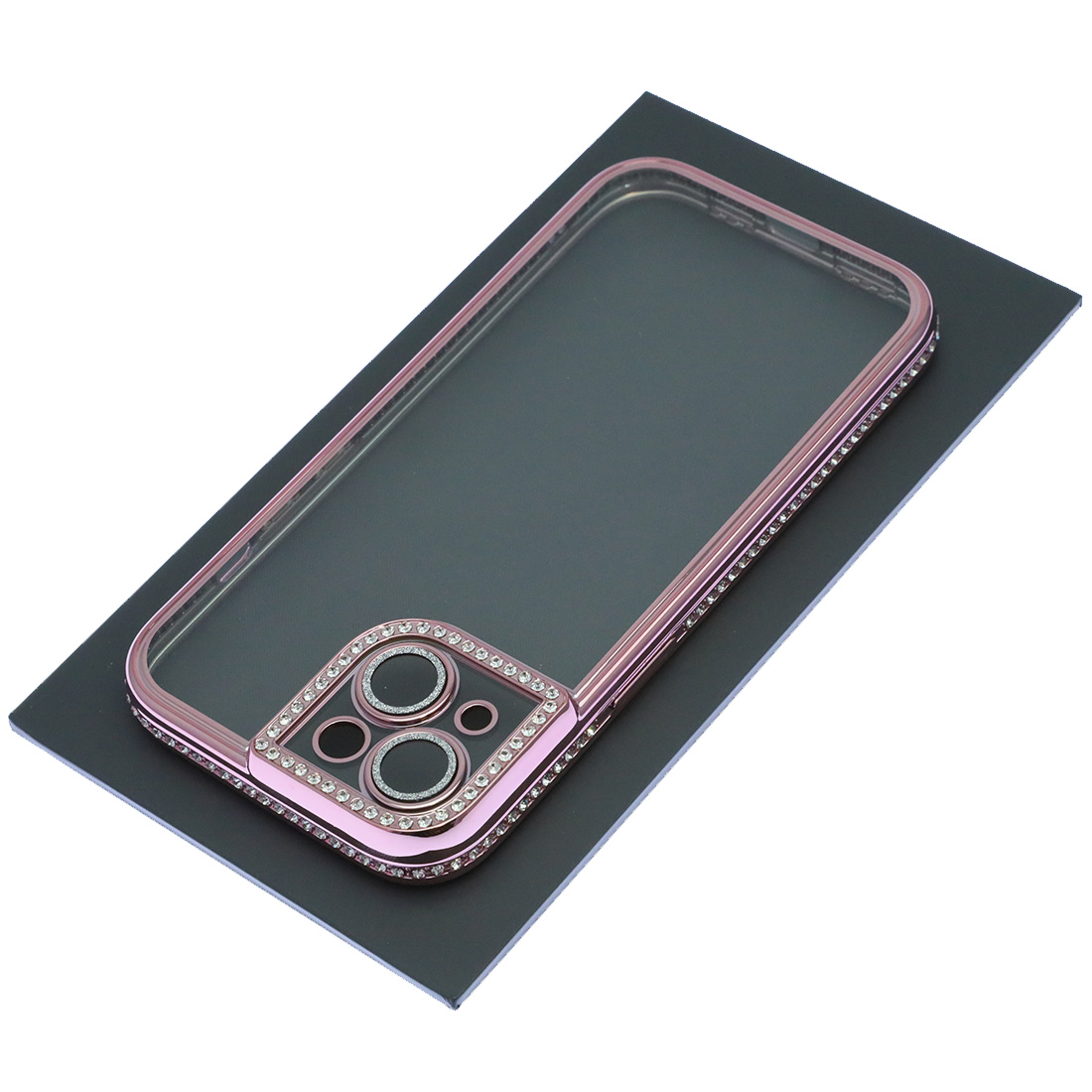 Чехол накладка для APPLE iPhone 15, силикон, защита камеры, стразы, цвет окантовки розовое золото