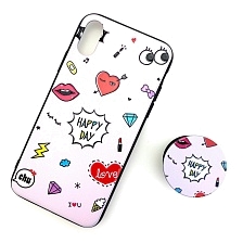 Чехол накладка для APPLE iPhone X, XS, силикон, с поп сокетом, рисунок Happy Day.